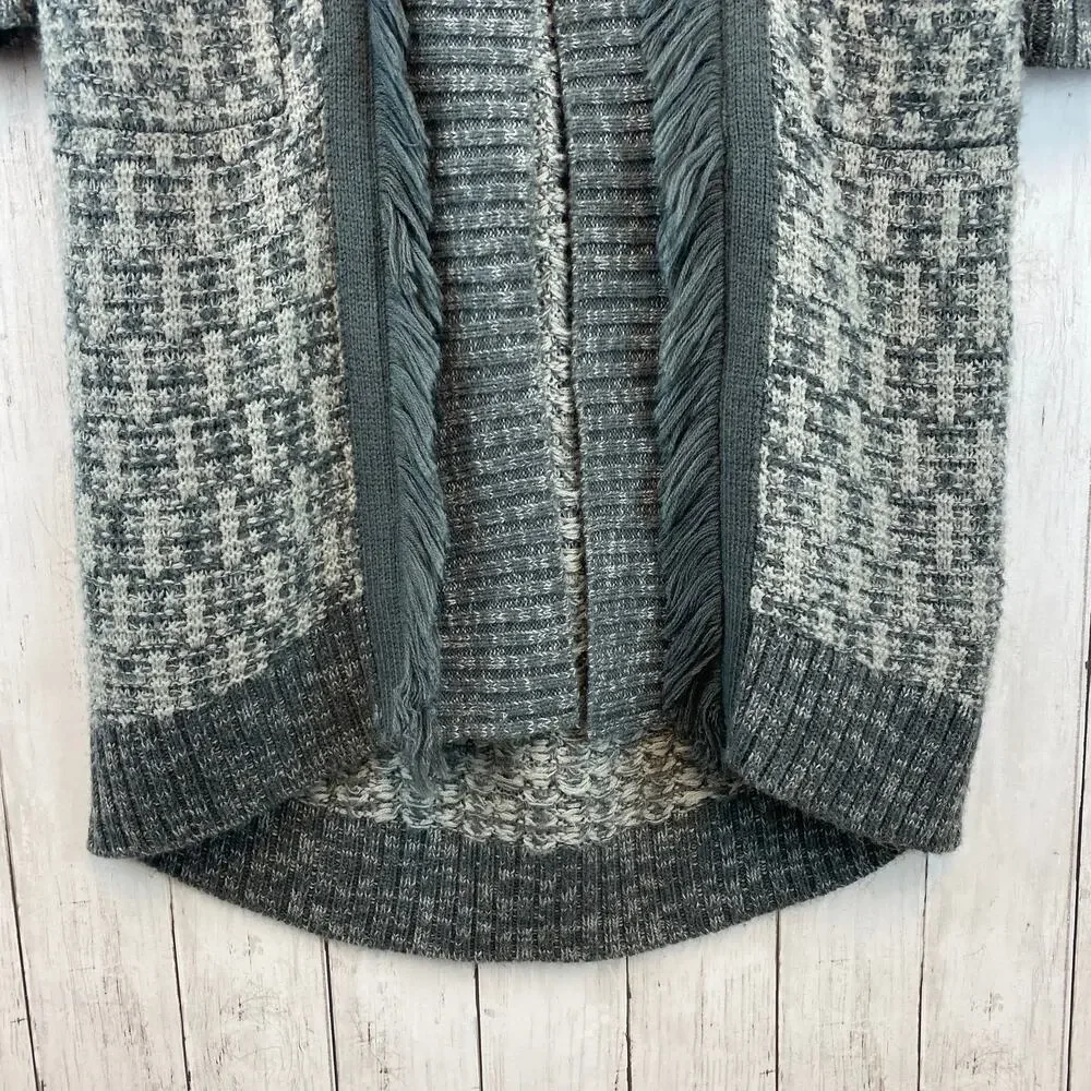 Trouve Gray Acrylic Knit Fringe Trim Long Cardigan Duster Sweater Size Large